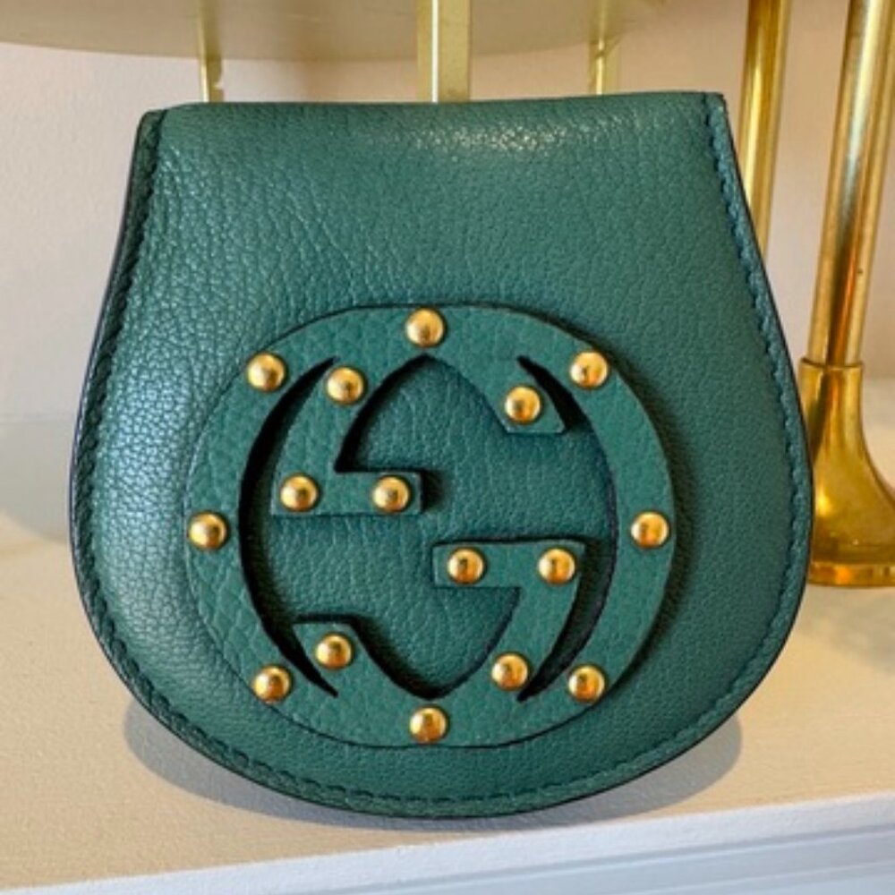 Authentic Gucci Emerald Green Soho Studded Leather Coin Purse